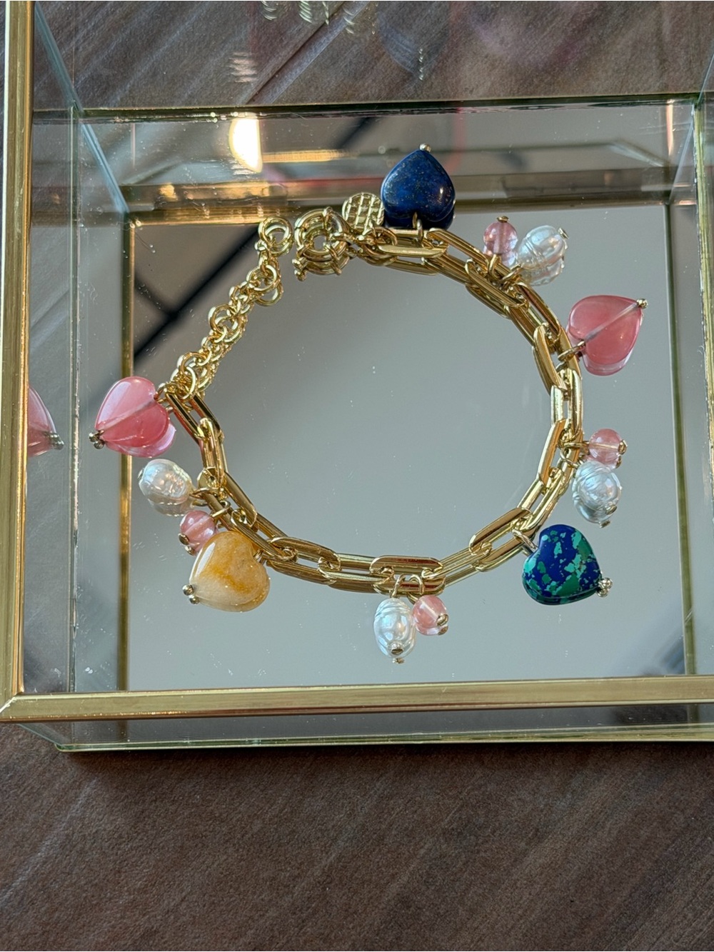 Talbots Gold-Tone Paperclip Chain Charm Bracelet with Multicolor Heart Charms